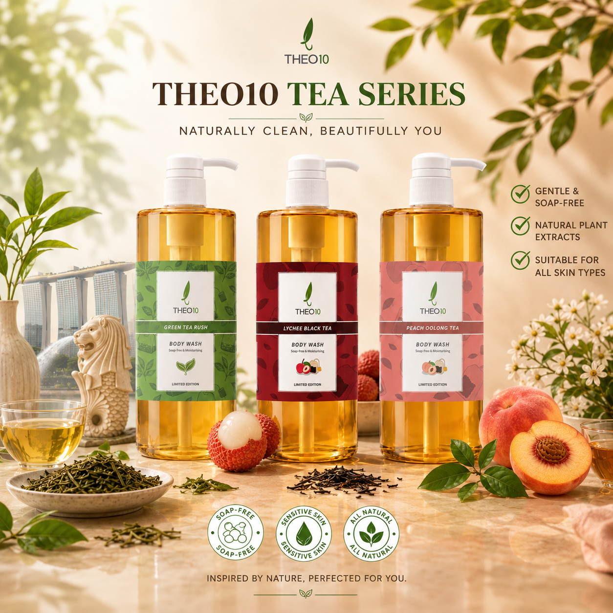 Theo10 Tea Series Bodywash - Green Tea Rush, Peach Oolong Tea, Lychee Black Tea